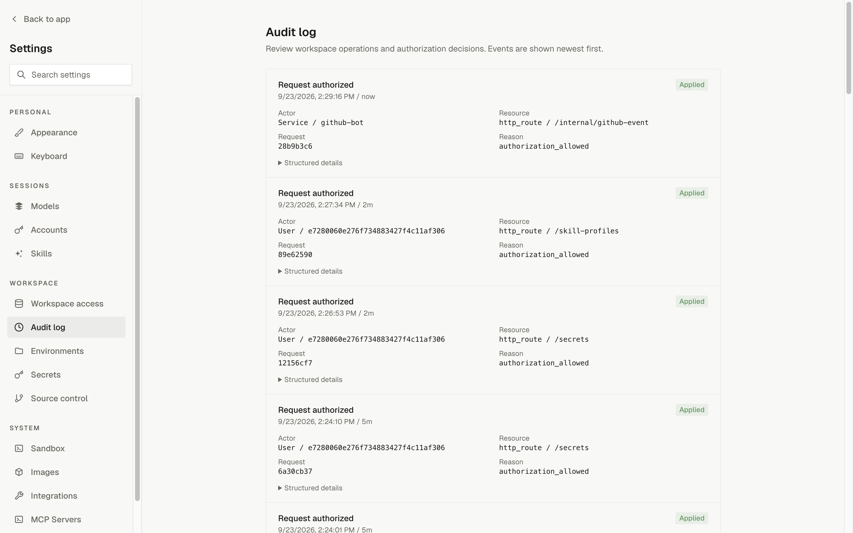 Settings, Audit log: a list of Request authorized events with actor, resource, request id, reason, and a Structured details toggle