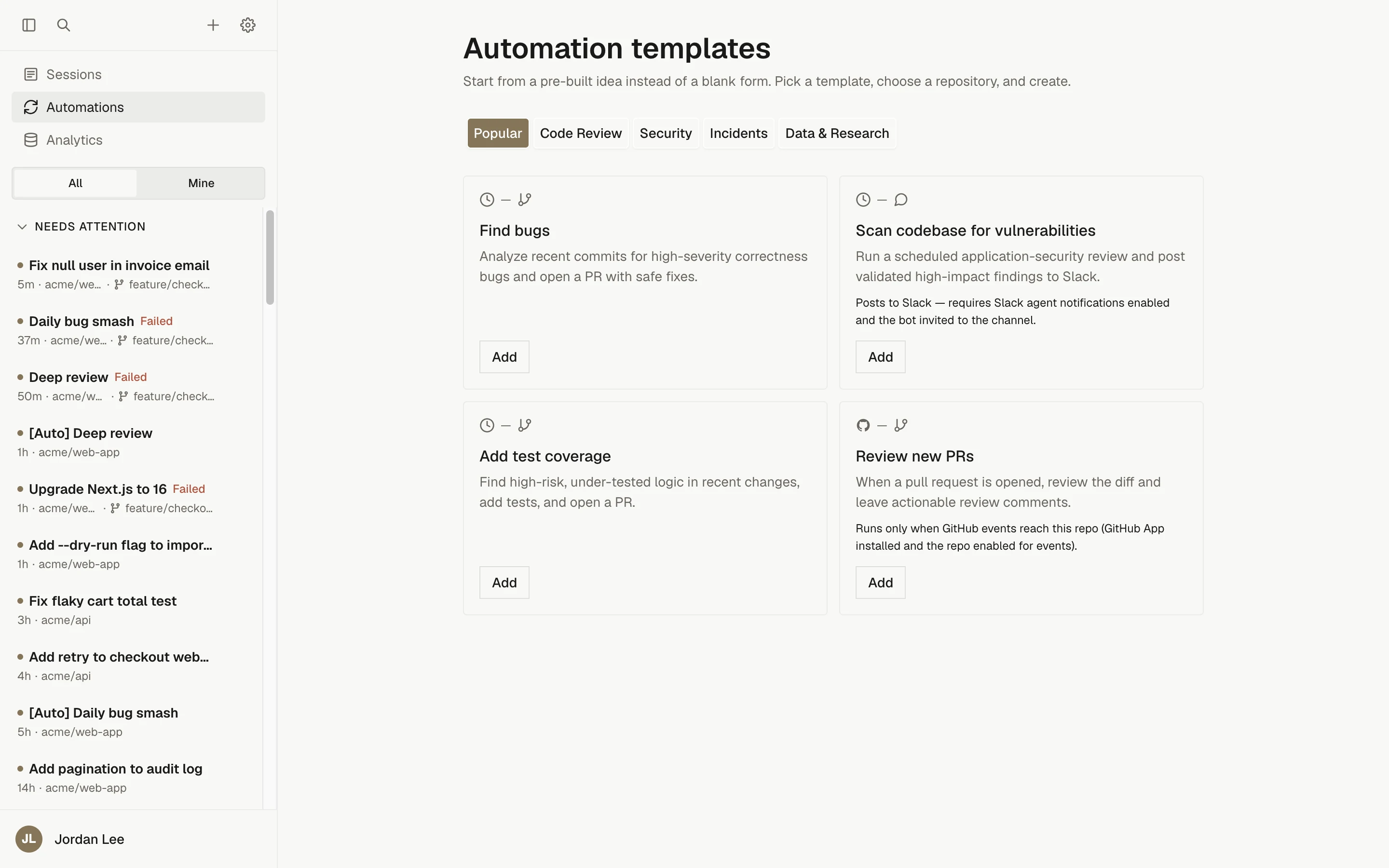 The Automation templates gallery with Popular, Code Review, Security, Incidents, and Data and Research categories