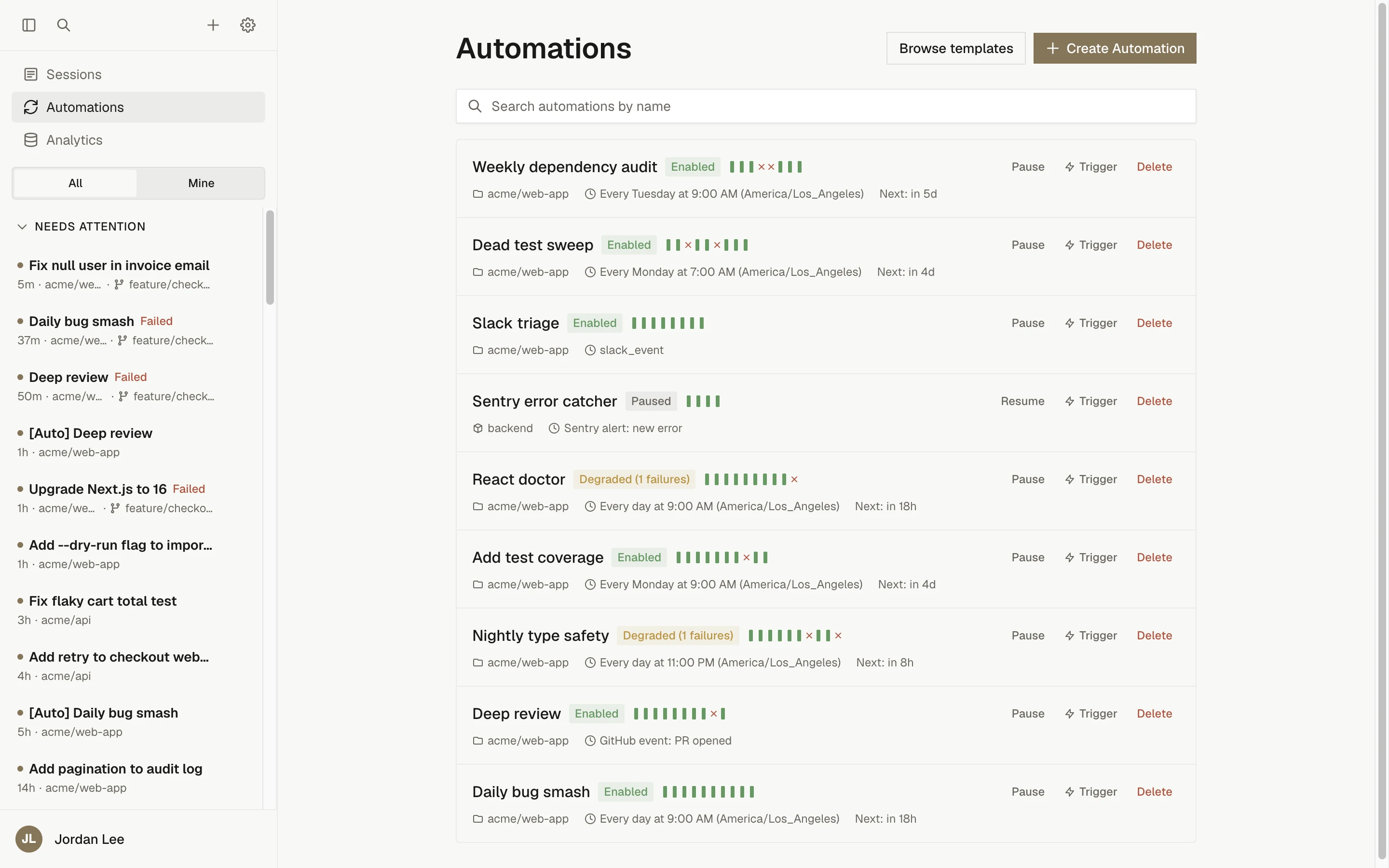 The Automations page listing automations with their trigger, schedule, recent run results, and Pause, Trigger, and Delete actions