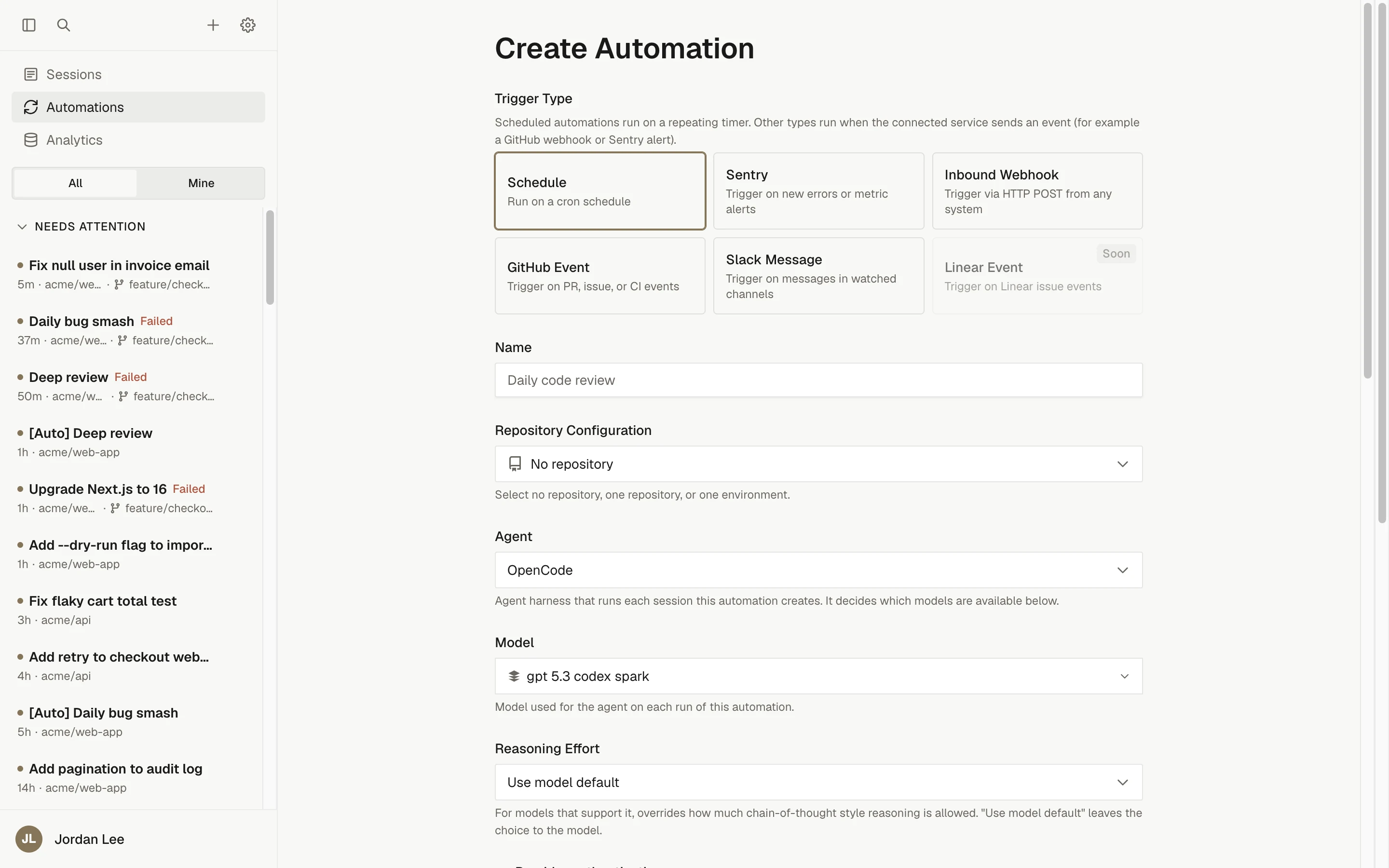 The Create Automation form with the trigger type picker, name, repository configuration, agent, model, and reasoning effort fields