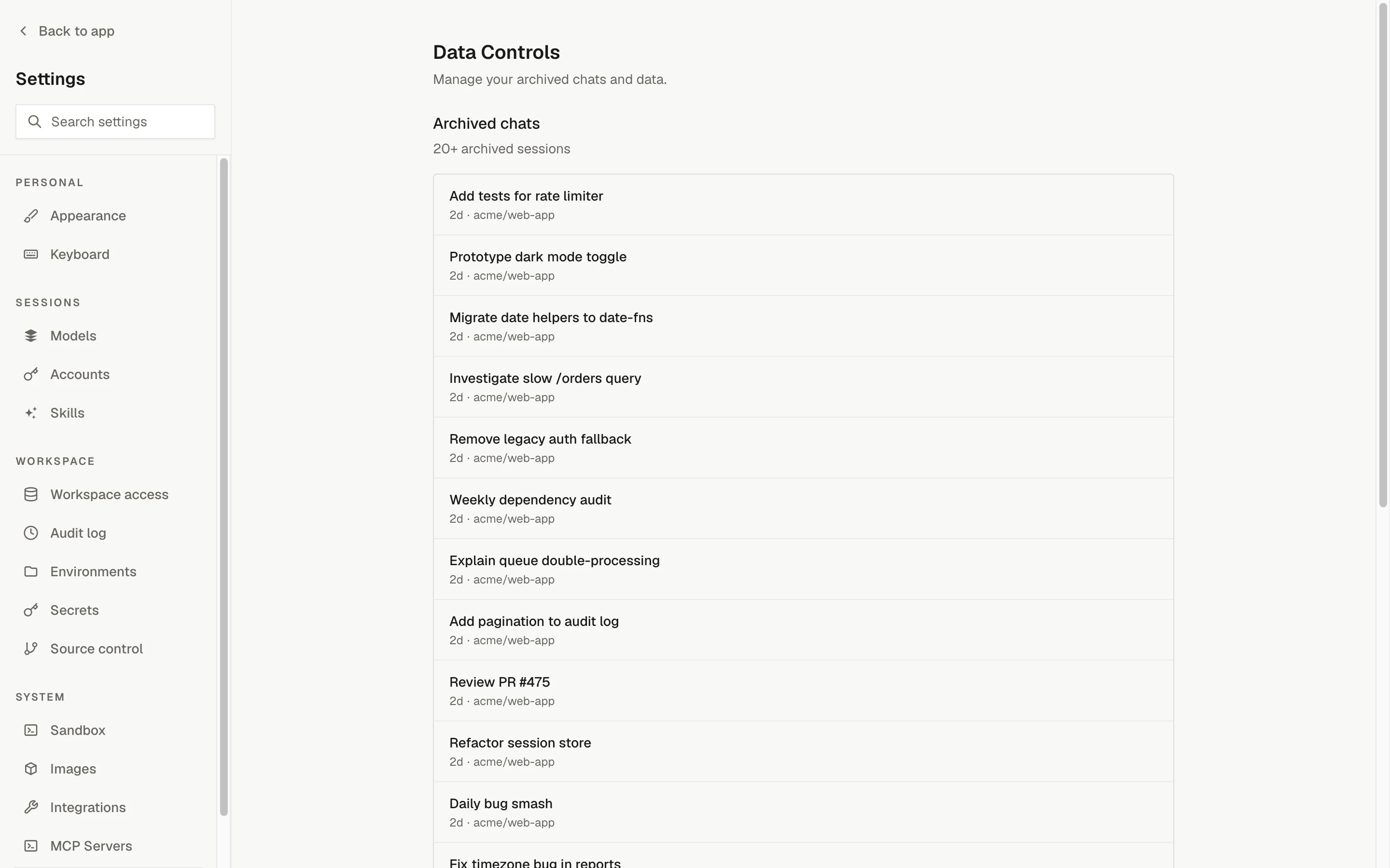 Settings, Data Controls: the Archived chats list with a title, age, and repository per row