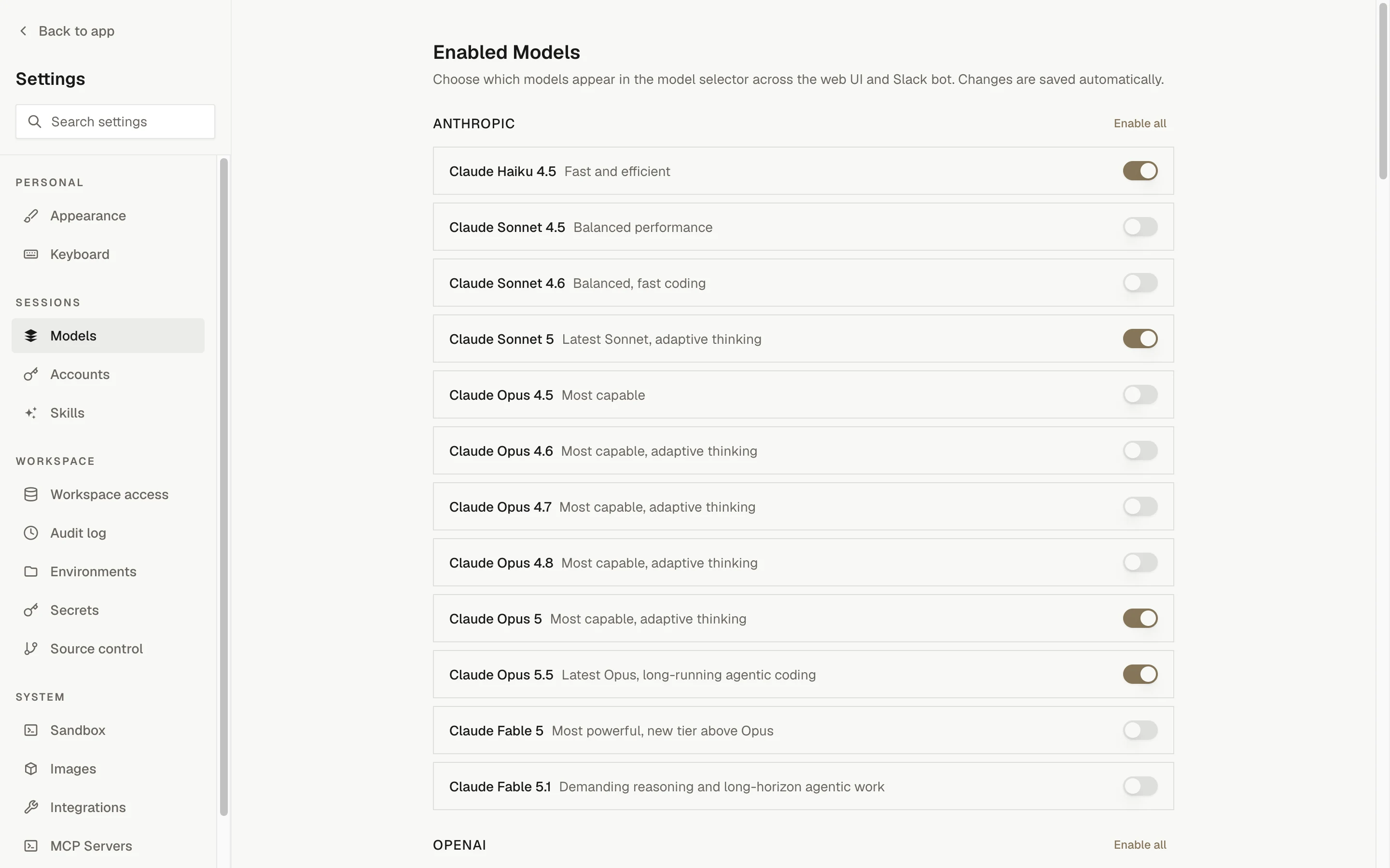 Settings, Models: the Anthropic section with a toggle per model and an Enable all link