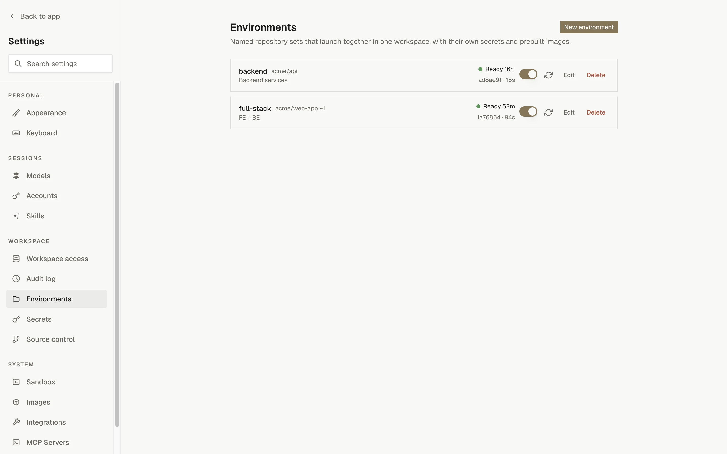 Settings, Environments: two named environments with their repositories, prebuilt image status, an enable toggle, and Edit and Delete actions