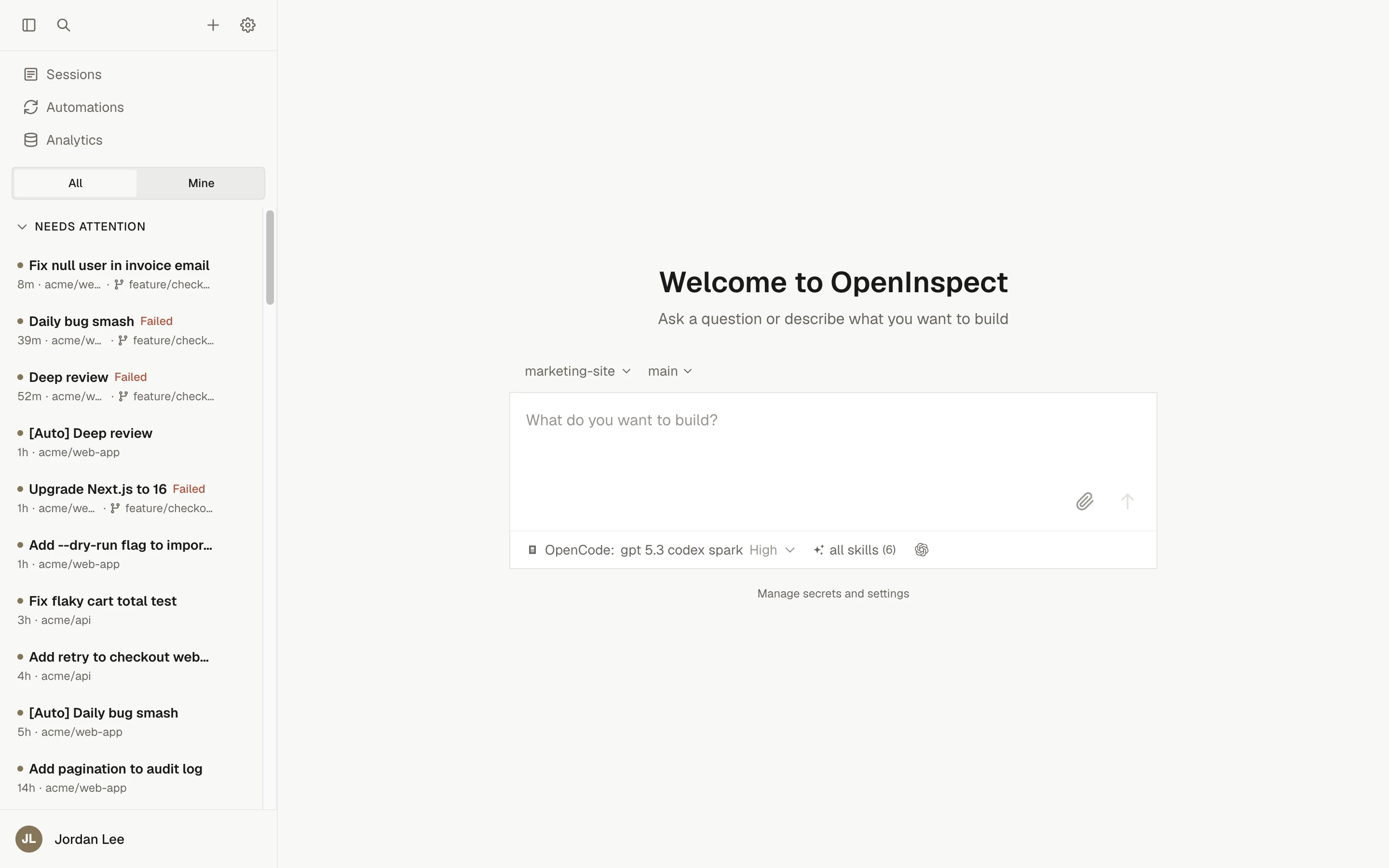 The OpenInspect home screen with the session inbox on the left and the new-session composer in the middle