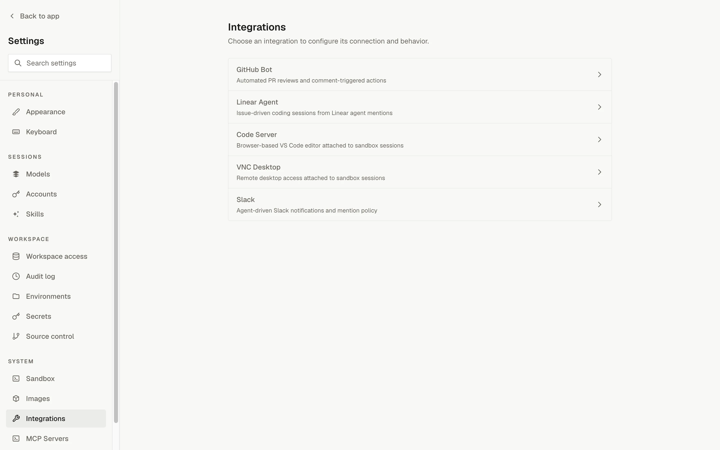 Settings, Integrations: GitHub Bot, Linear Agent, Code Server, VNC Desktop, and Slack entries
