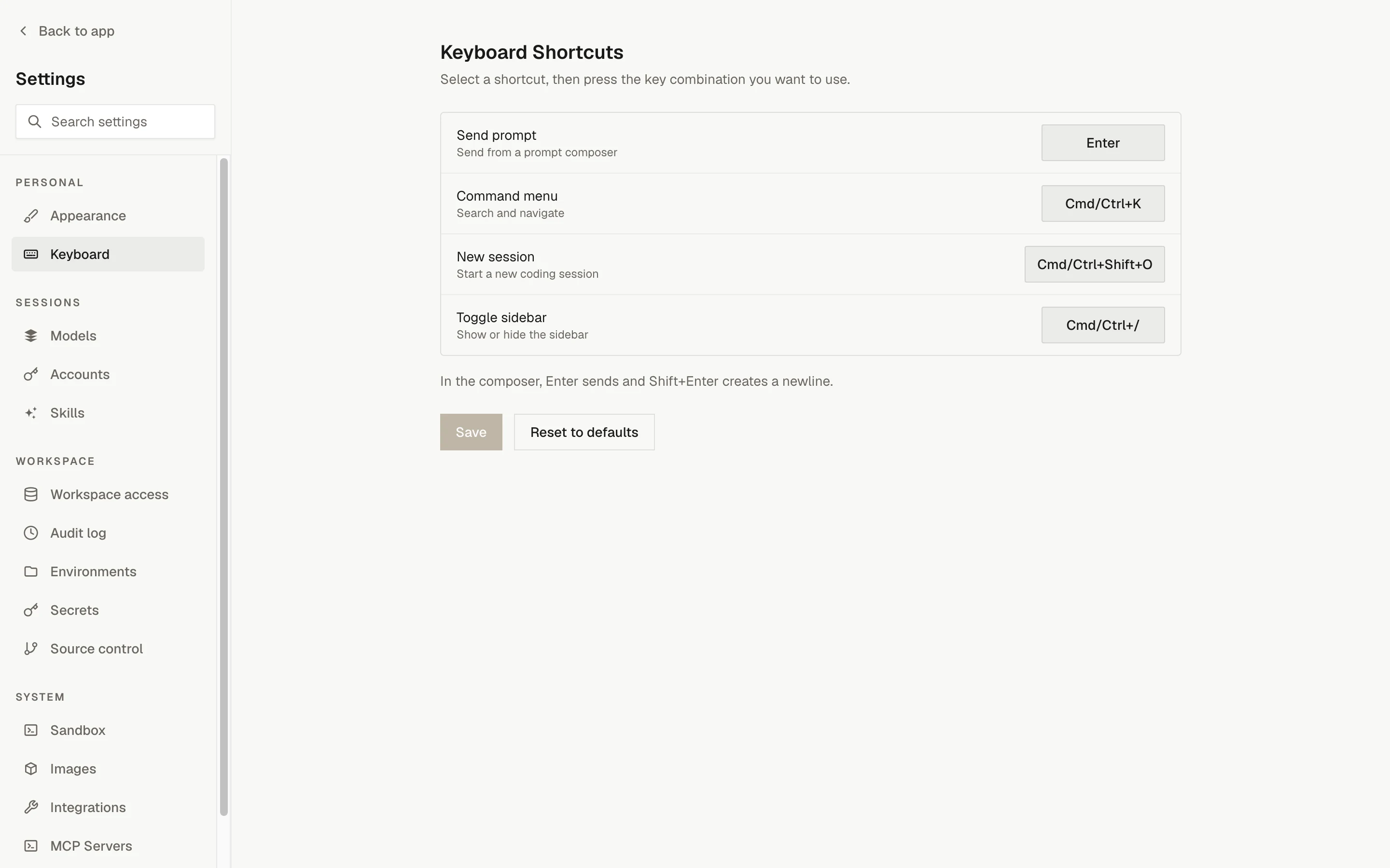 Settings, Keyboard: the four editable shortcuts for sending a prompt, the command menu, a new session, and toggling the sidebar