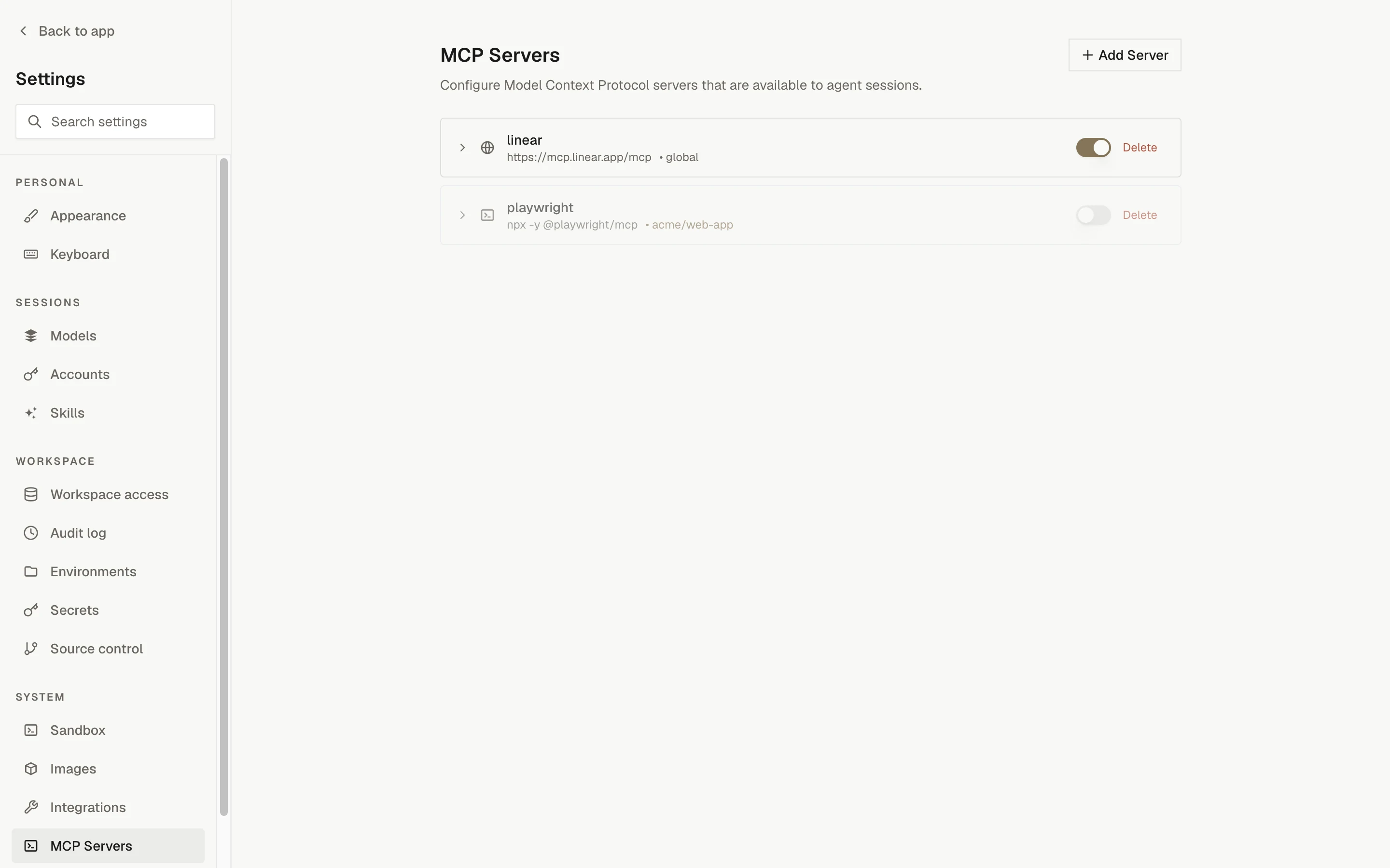 Settings, MCP Servers: a remote server with a URL and a command-based server, each with a scope and an enable toggle