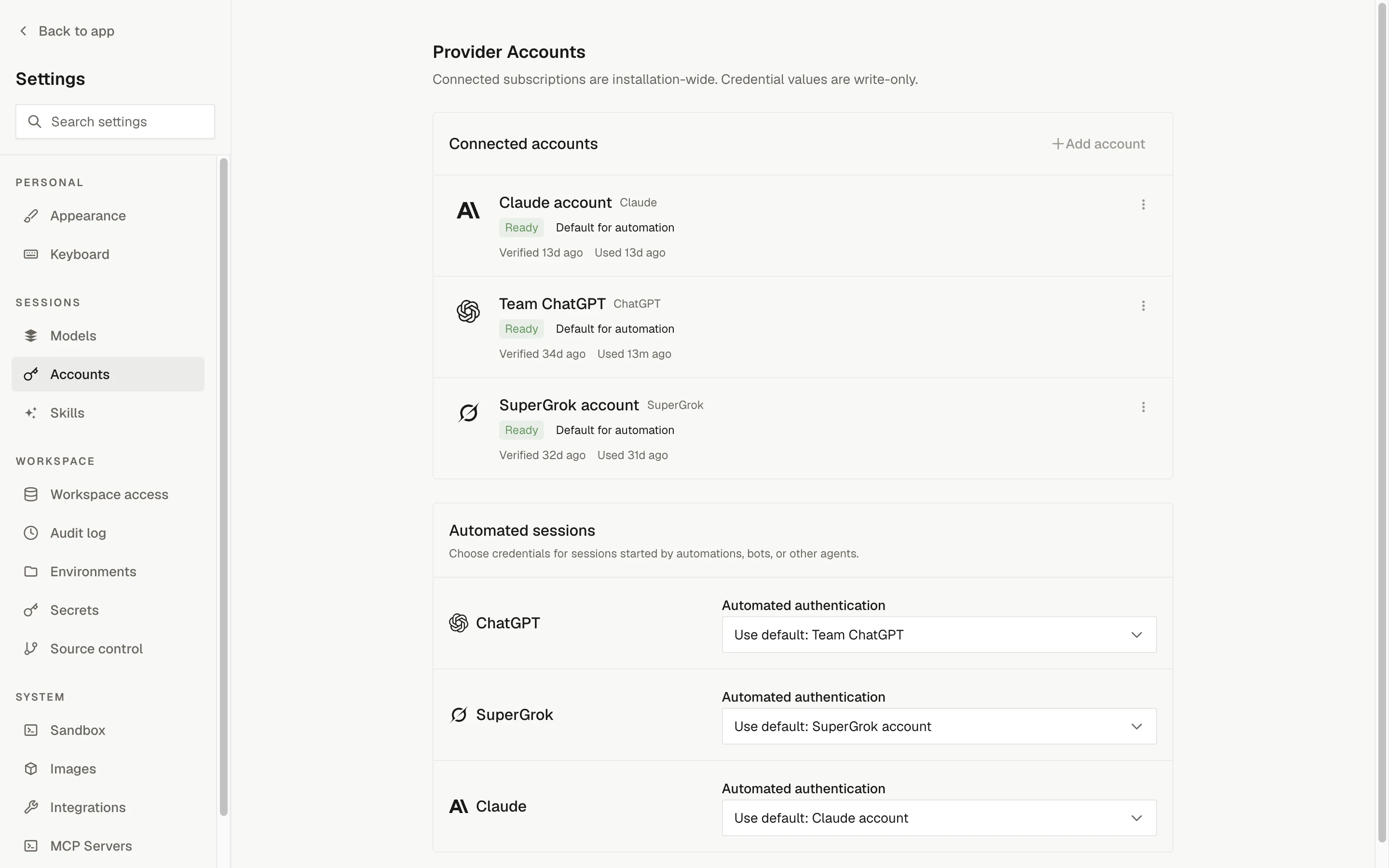 Settings, Accounts: connected Claude, ChatGPT, and SuperGrok accounts, each Ready and default for automation, and the Automated sessions credential pickers