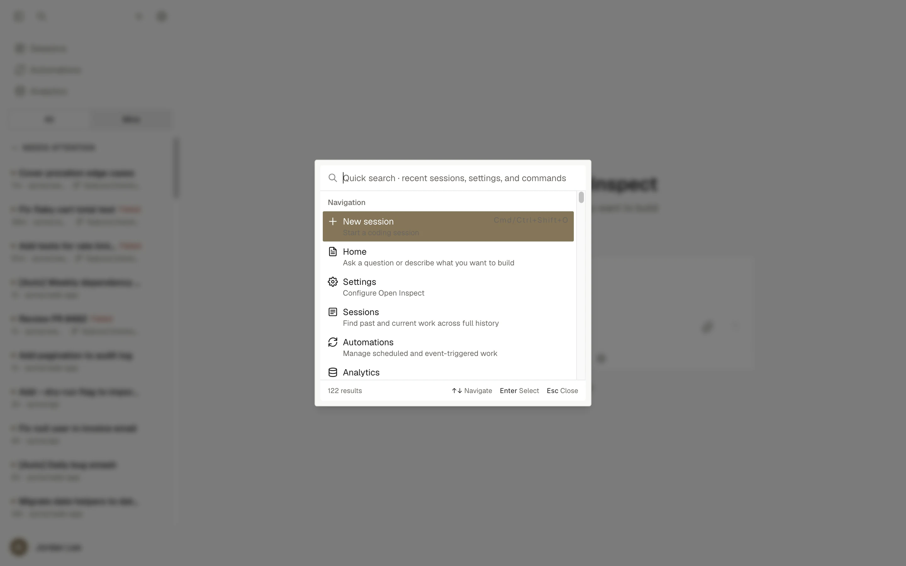 The quick search dialog opened with Cmd or Ctrl+K, listing navigation commands above recent sessions