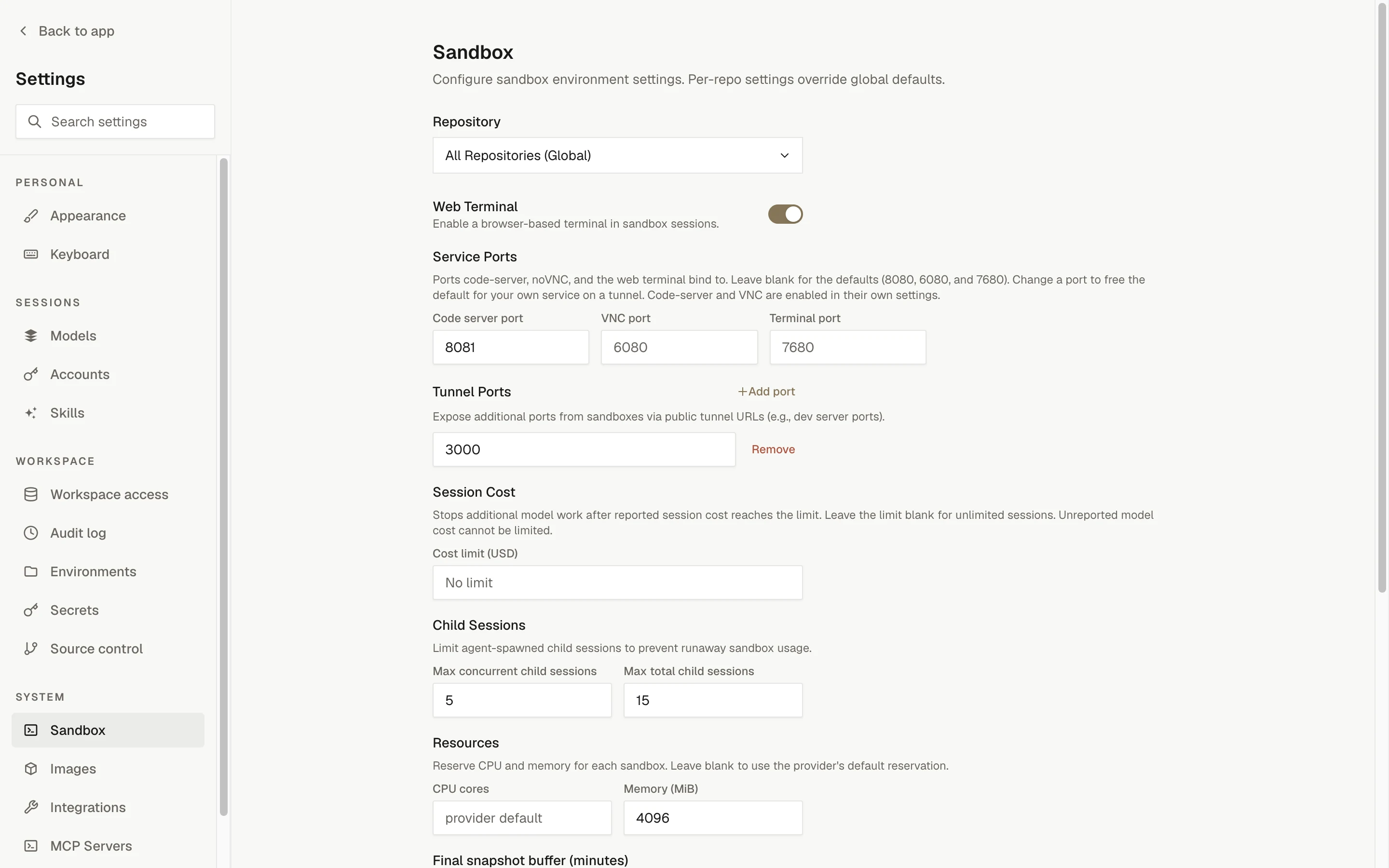 Settings, Sandbox: repository scope picker, Web Terminal toggle, service ports, tunnel ports, session cost limit, child session limits, and resources