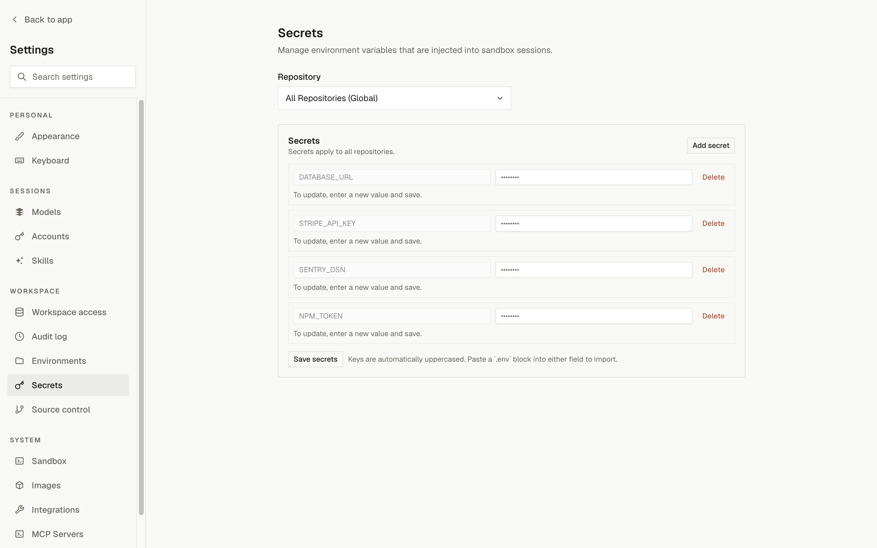Settings, Secrets: a repository scope picker and a list of secret names with masked values, Delete buttons, and Add secret and Save secrets buttons