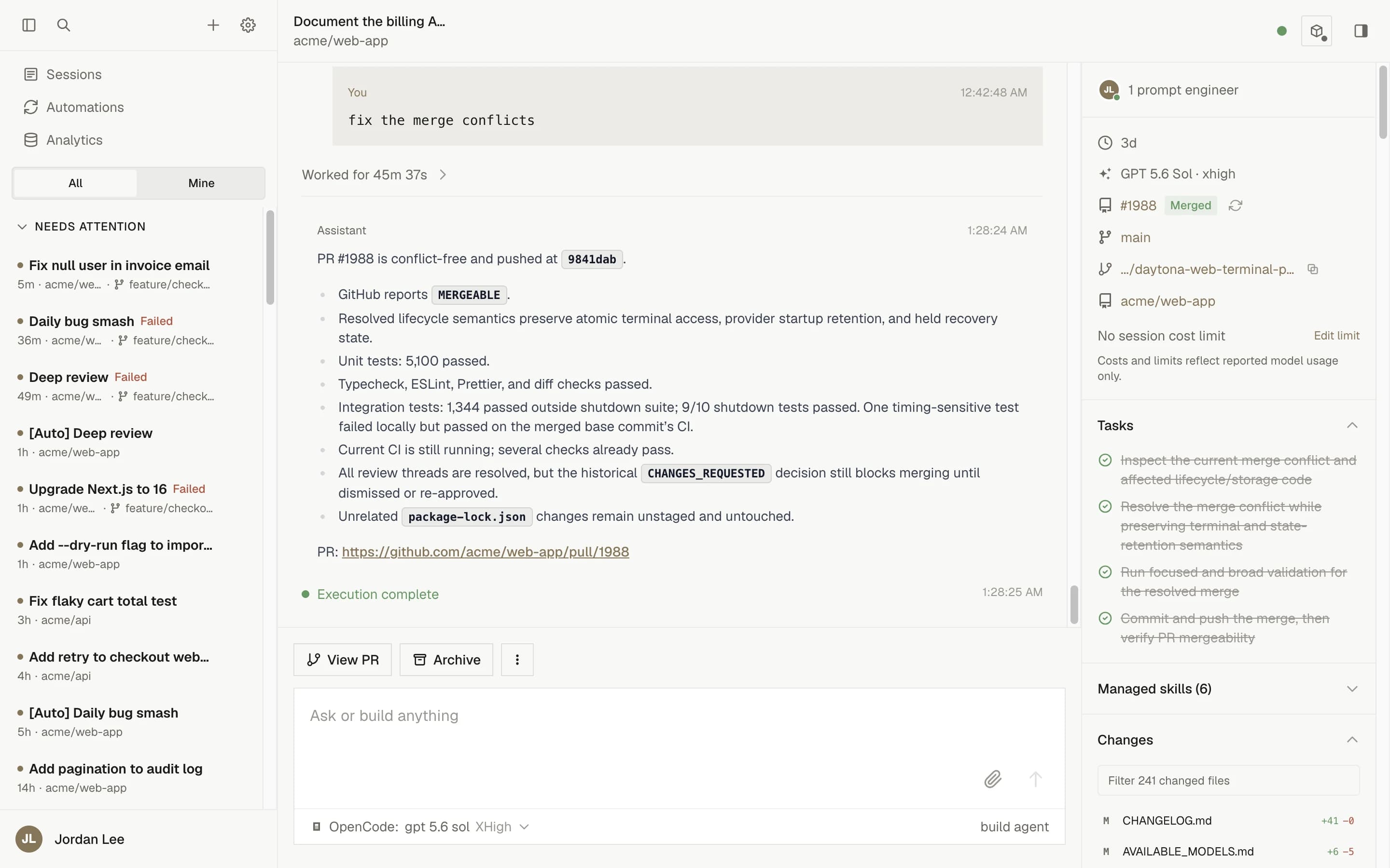 A session page showing the timeline in the middle and the details sidebar on the right with Tasks, Managed skills, and Changes sections