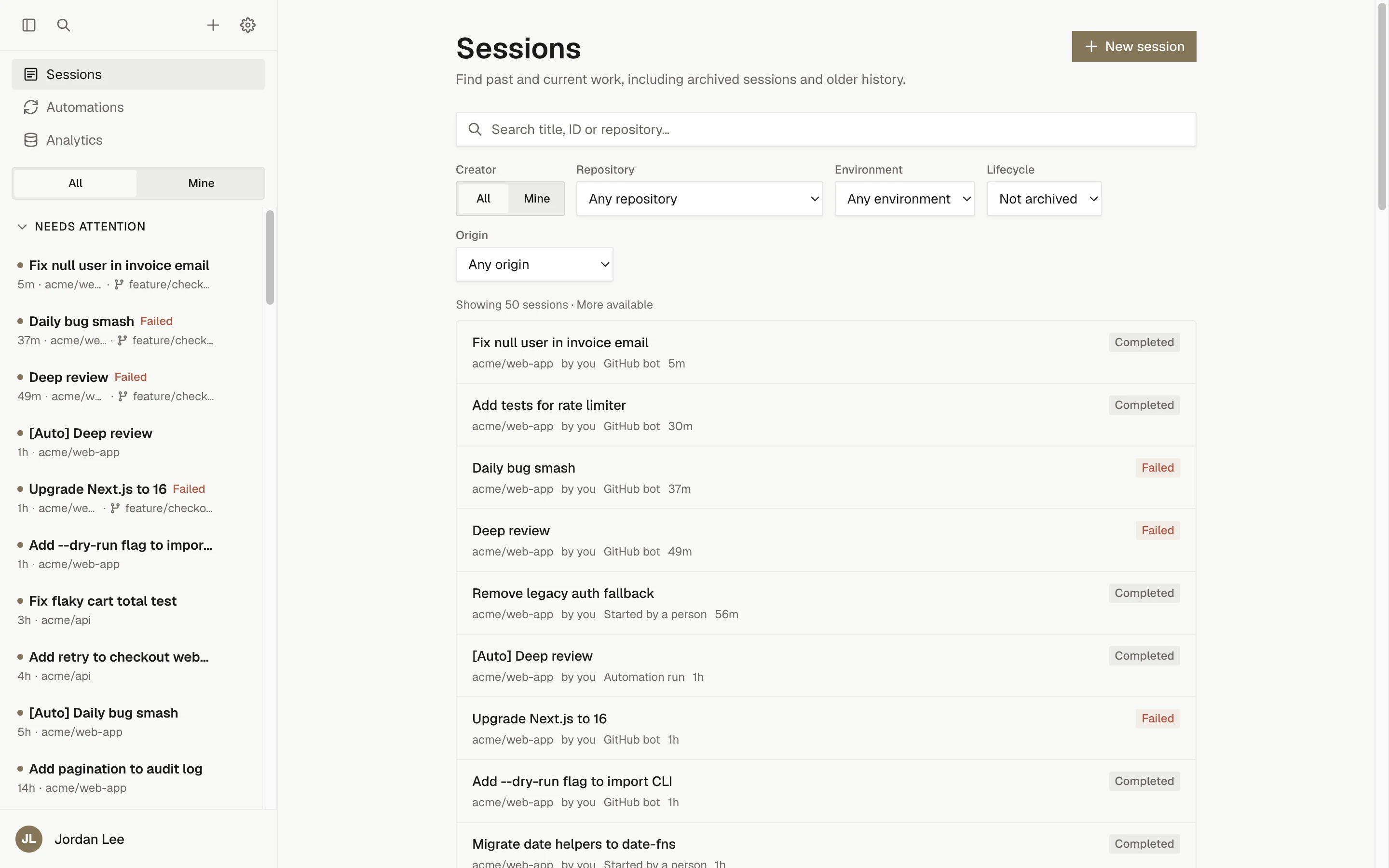 The Sessions page with search, owner, repository, environment, lifecycle, and origin filters above a list of sessions