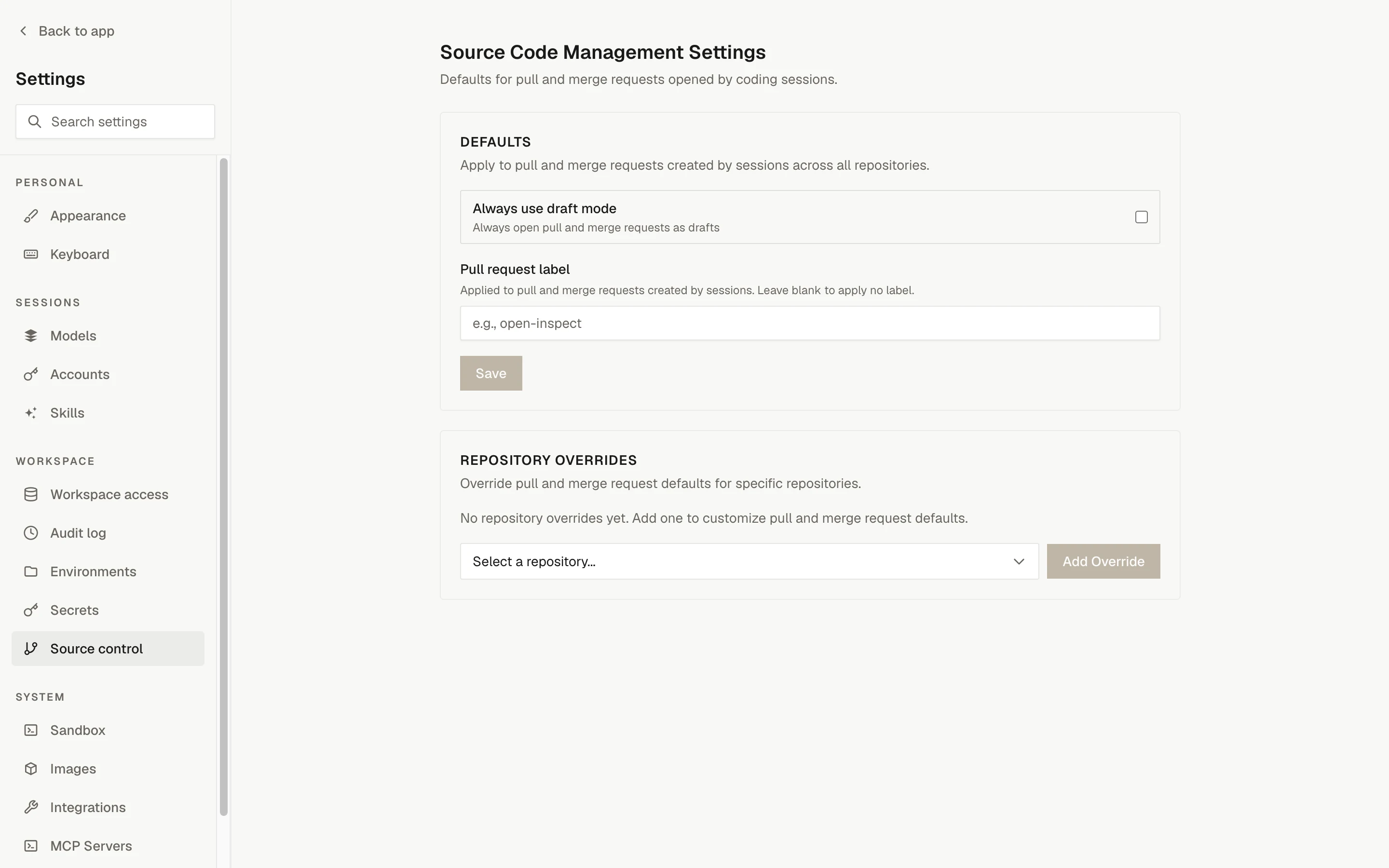 Settings, Source control: the draft mode checkbox, pull request label field, and repository overrides section