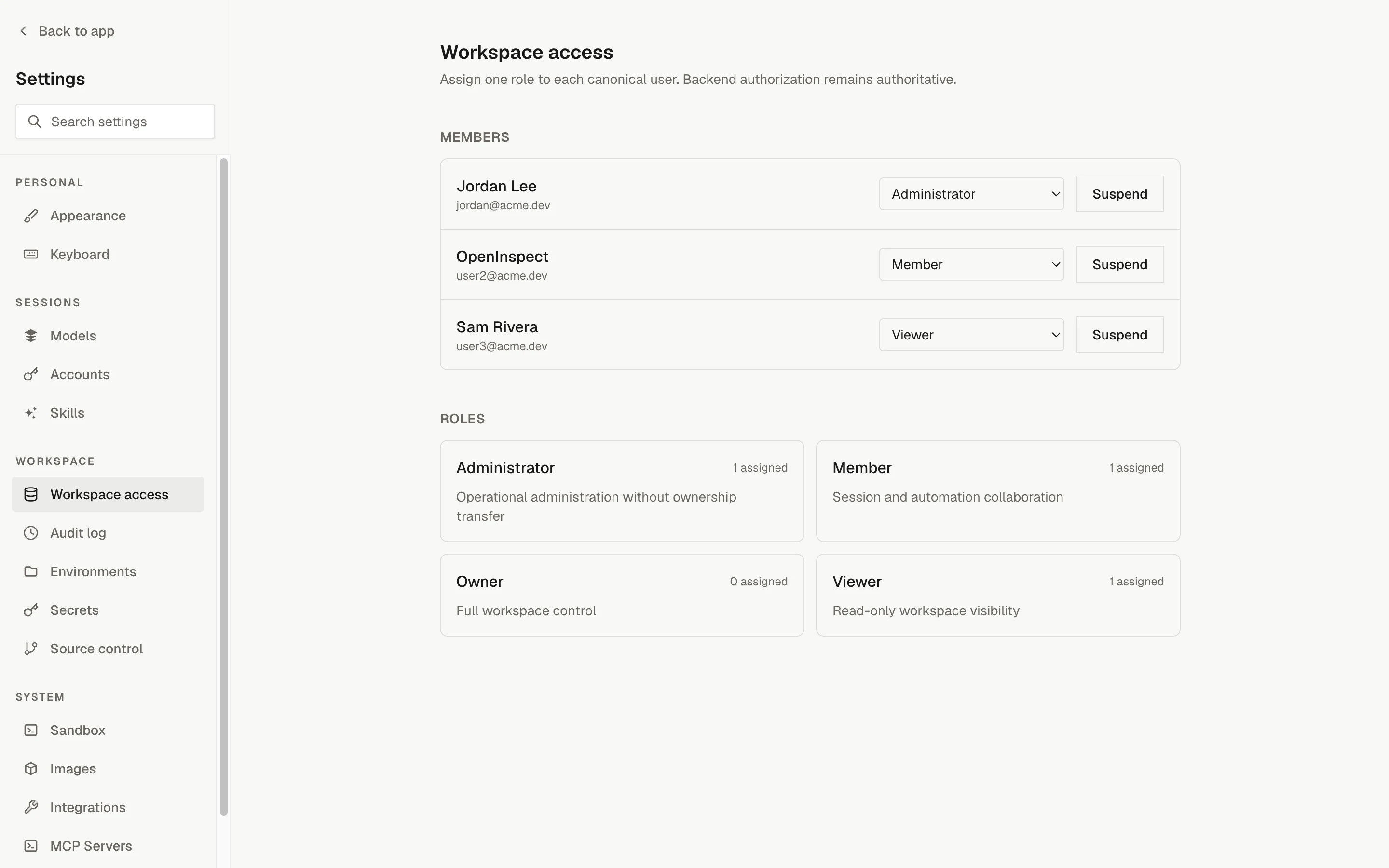 Settings, Workspace access: a members list with role dropdowns and Suspend buttons, and role cards for Administrator, Member, Owner, and Viewer