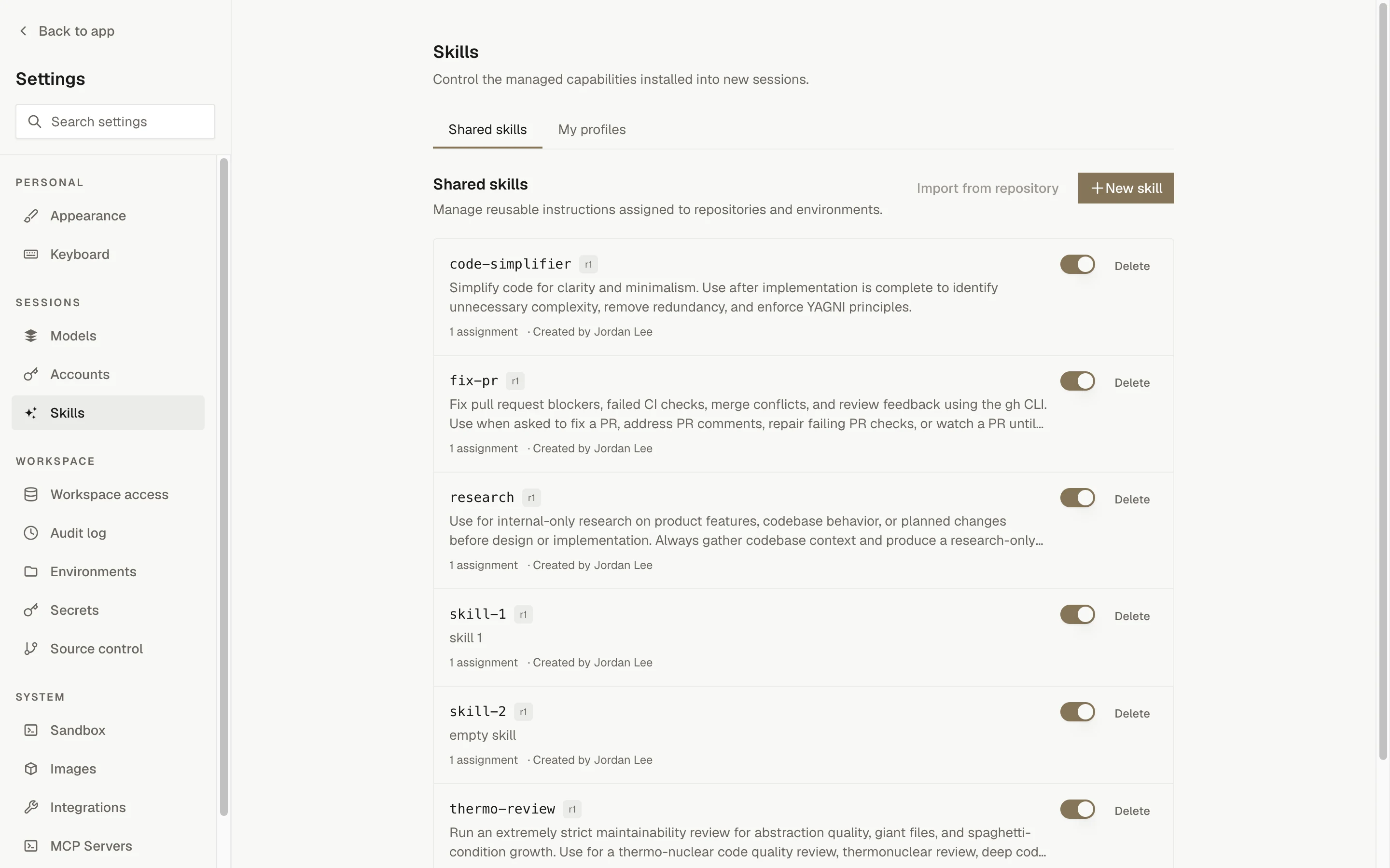 Settings, Skills: the Shared skills tab listing skills with a revision tag, description, assignment count, and an enable toggle
