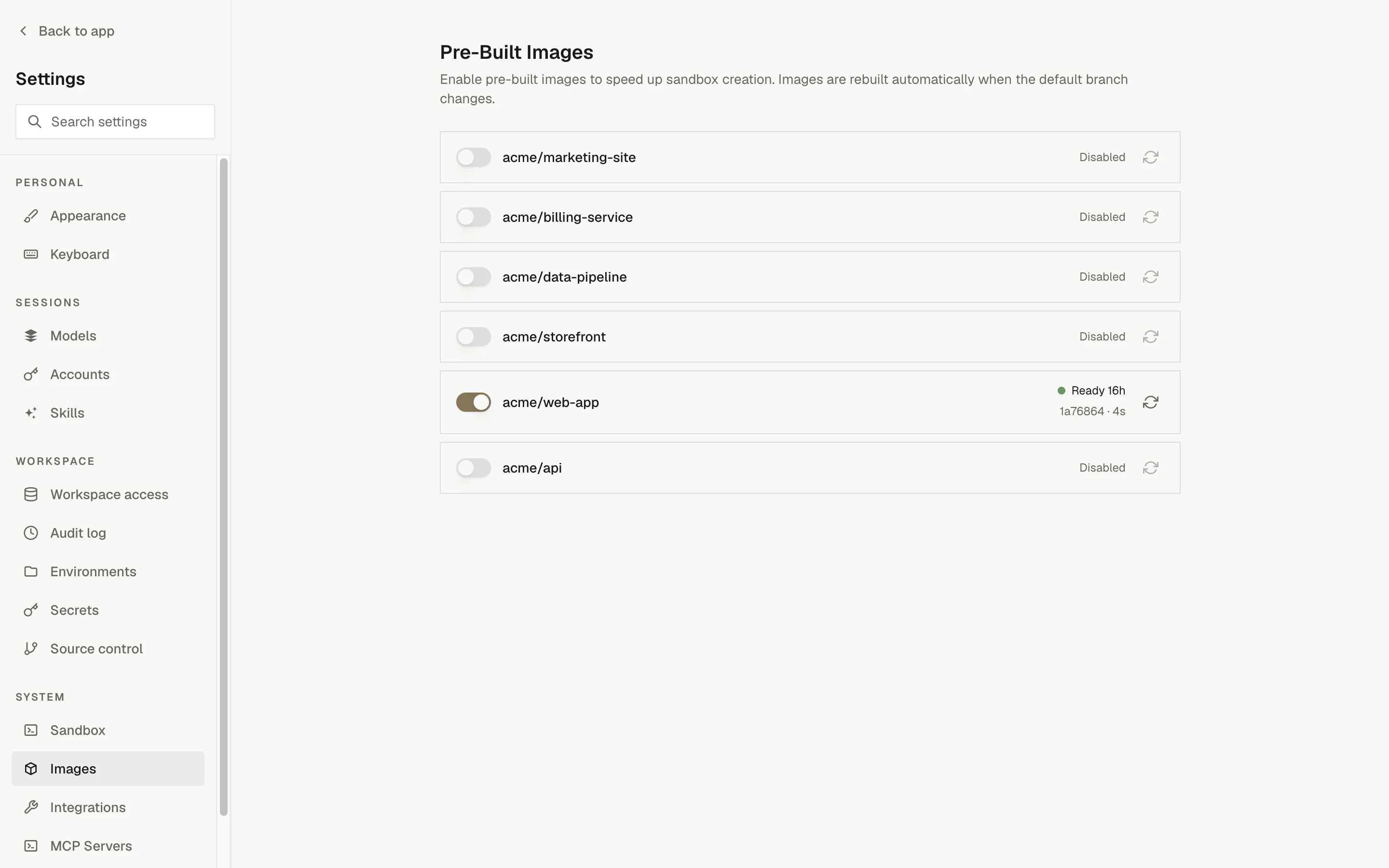 Settings, Images: a list of repositories with a prebuilt image toggle and a Ready or Disabled status per row